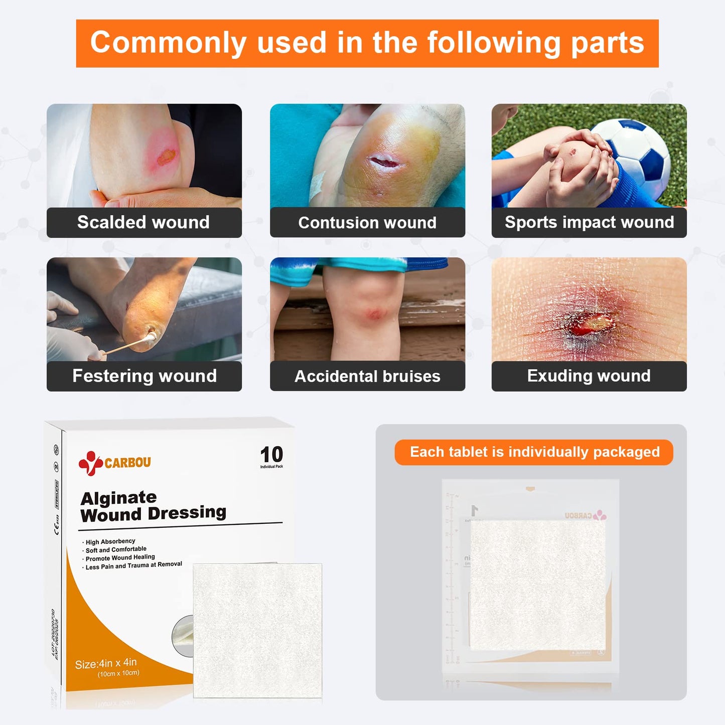 Carbou Calcium Alginate Wound Dressing, 4" x 4", 10 Pack