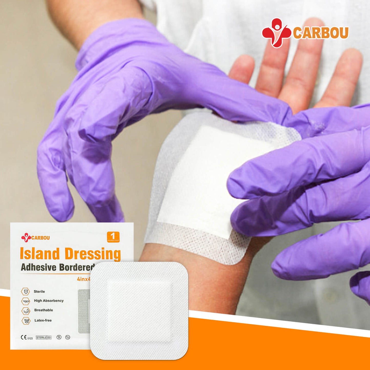 Carbou Island Wound Dressing with Bordered, 4in x 4in