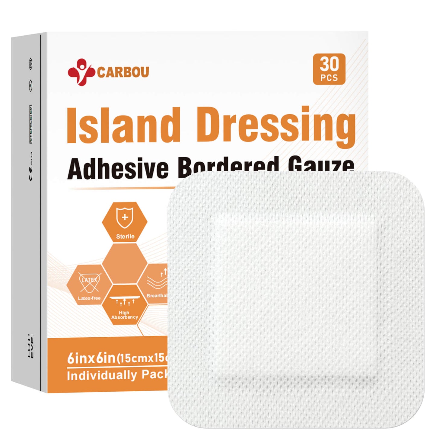 Carbou Island Wound Dressing with Bordered, 6in x 6in