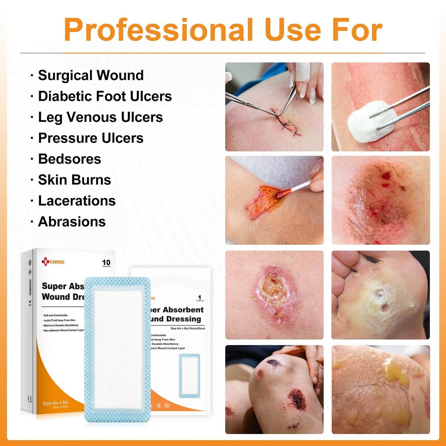 Carbou Super Absorbent Wound Dressing Pads, Non Adhesive