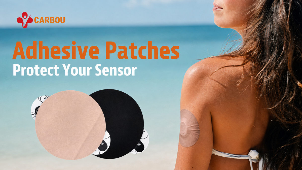 Carbou adhesive patches for continuous glucose monitor sensors, featuring a woman wearing a beige patch on her arm at the beach.