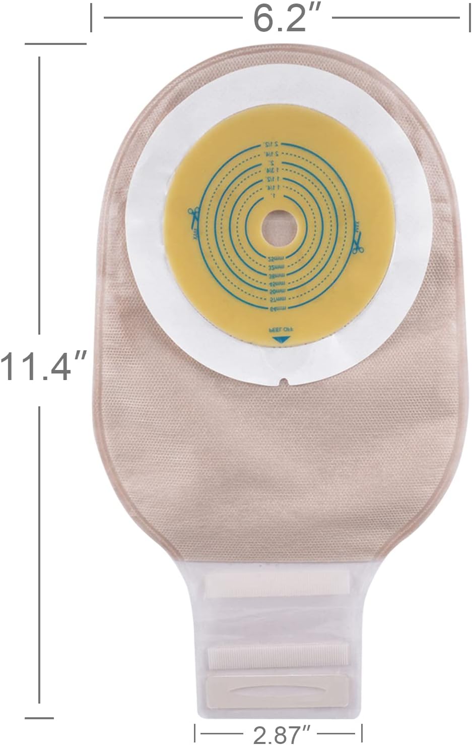 Size display of Carbou one-piece ostomy pouch with Velcro outlet