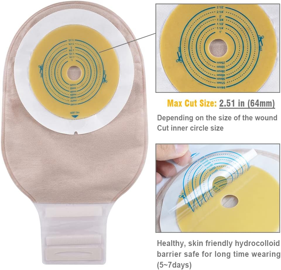 Baseplate of ostomy bag showing hydrocolloid material and max cutting size 64mm
