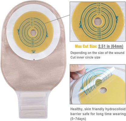 Baseplate of ostomy bag showing hydrocolloid material and max cutting size 64mm