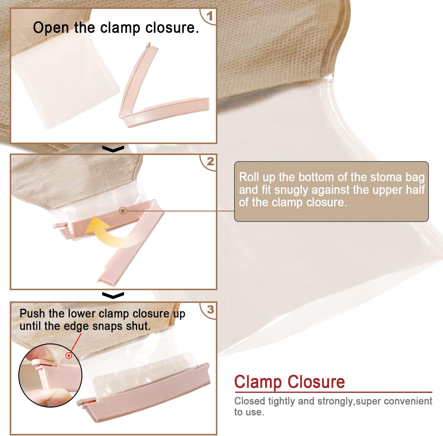 Step-by-step guide showing how to seal Carbou ostomy bag using closure clip