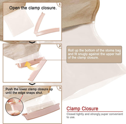 Step-by-step guide showing how to seal Carbou ostomy bag using closure clip