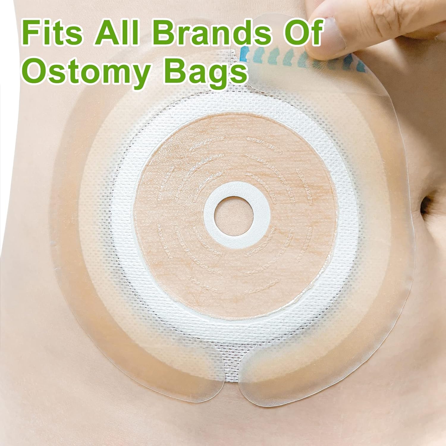 Close-up of ostomy barrier strip attached to baseplate for better seal