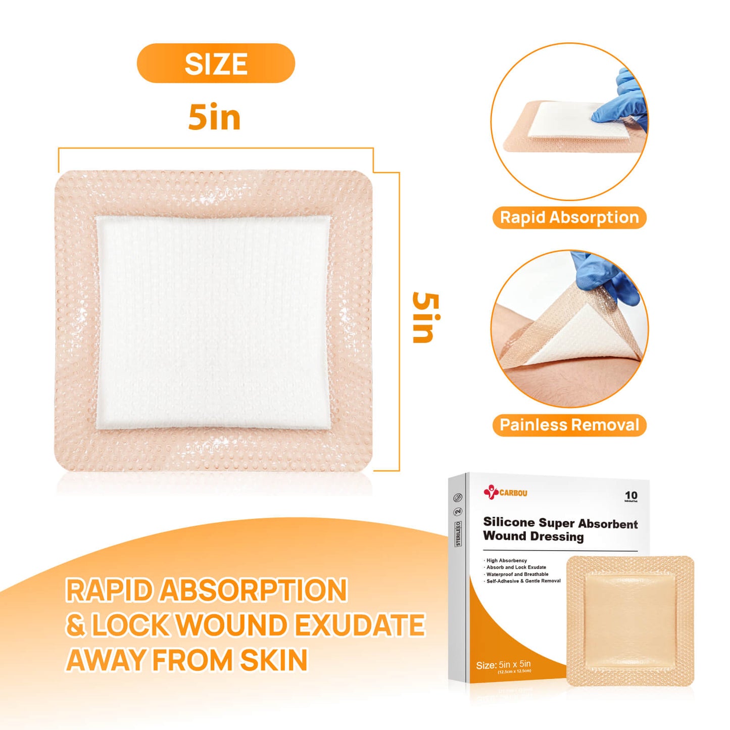 Silicone Super Absorbent Dressing is 5" x 5"