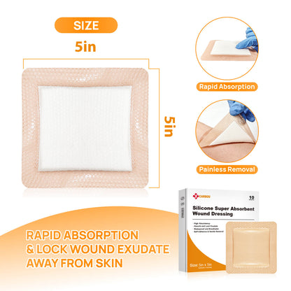 Silicone Super Absorbent Dressing is 5" x 5"
