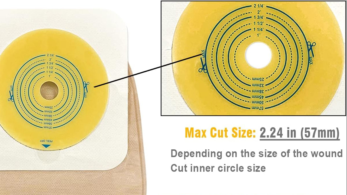 Hydrocolloid baseplate of ostomy system showing material texture and max cutting size