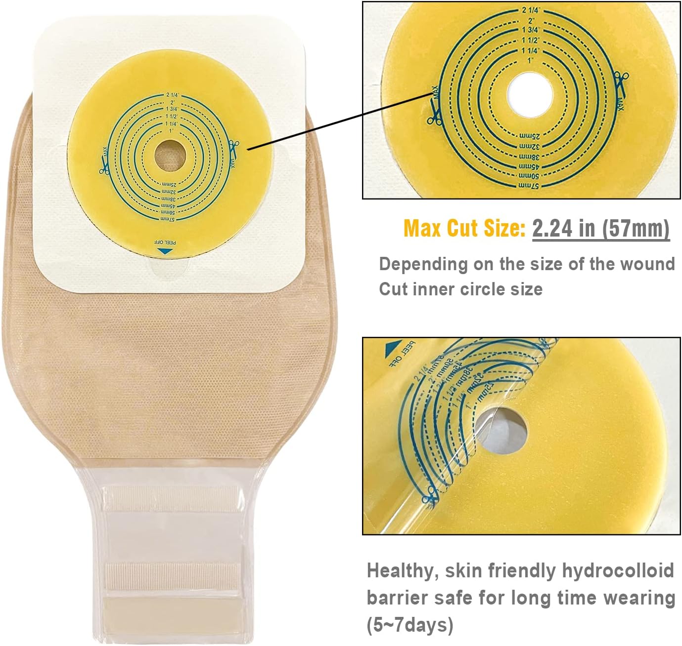 Hydrocolloid baseplate of ostomy system showing material texture and max cutting size