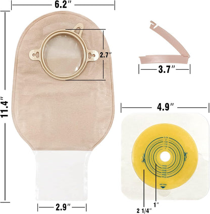 Size comparison of Carbou two-piece ostomy pouch, closure clip, and baseplate