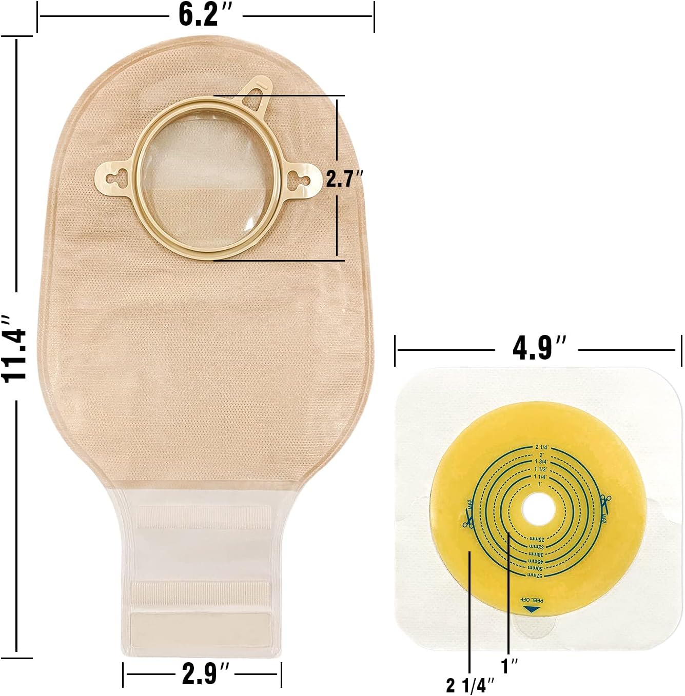 Size comparison of Carbou two-piece ostomy pouch and baseplate