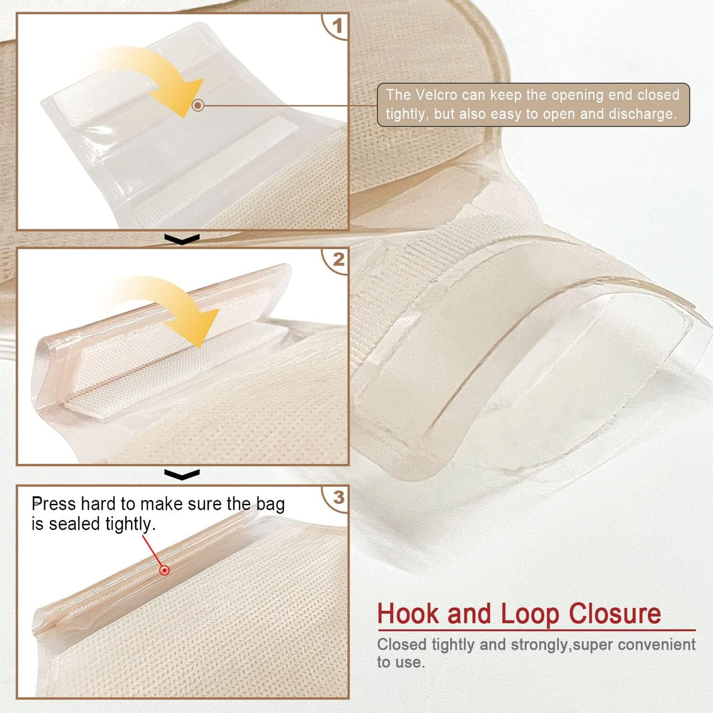 Velcro closure detail of Carbou ostomy pouch showing secure and reusable seal