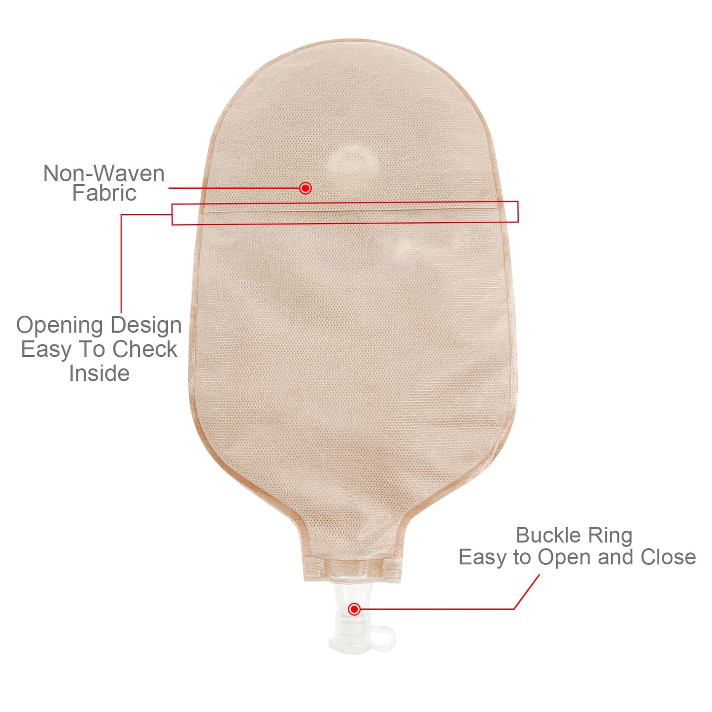 Backside of one-piece urostomy pouch showing non-woven fabric and valve design