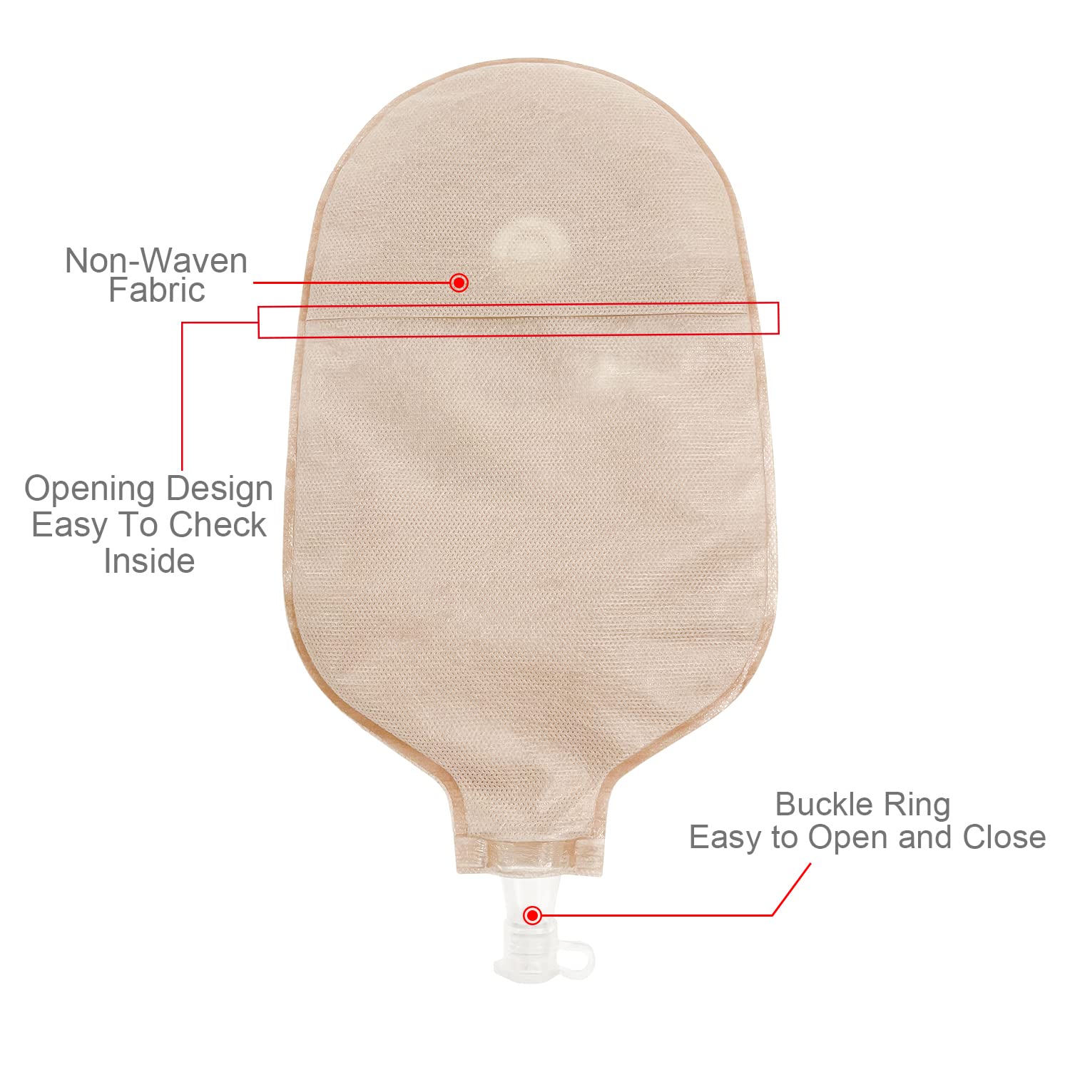 Backside of one-piece urostomy pouch showing non-woven fabric and valve design