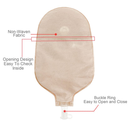 Backside of one-piece urostomy pouch showing non-woven fabric and valve design