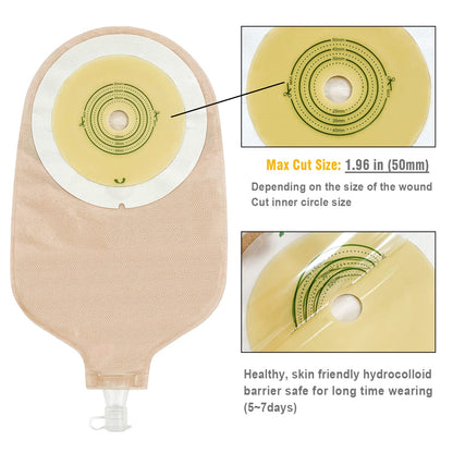 Baseplate of urostomy bag showing hydrocolloid material and max cutting size 50mm