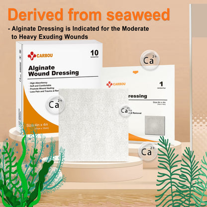Carbou Calcium Alginate Wound Dressing, 4" x 4", 10 Pack