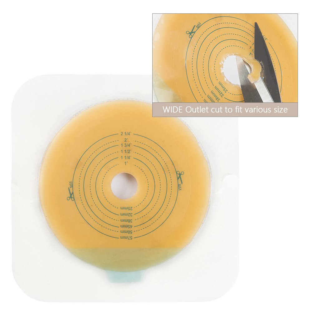 Ostomy skin barrier has a wide outlet, cut to fit various size