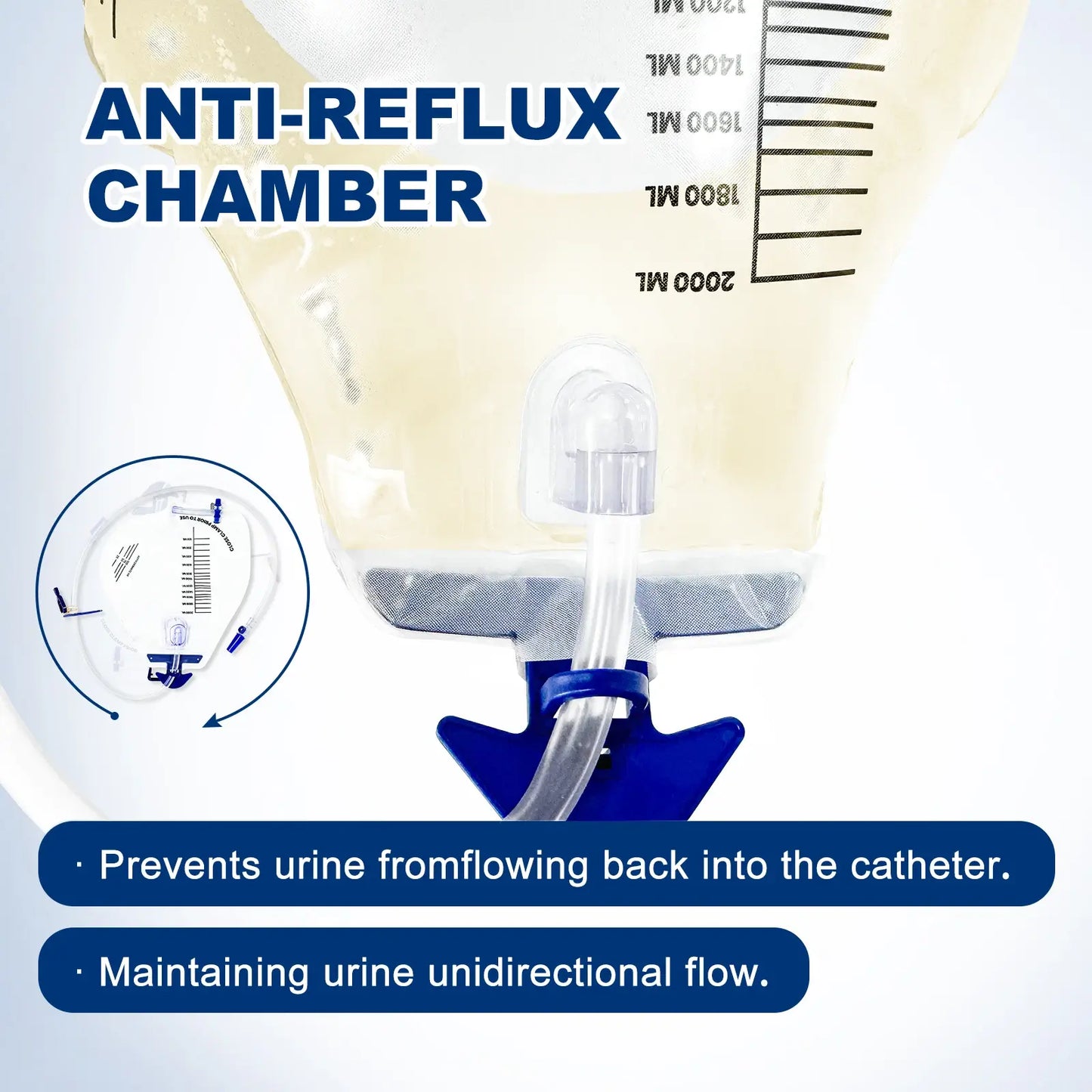 Close-up of anti-reflux chamber on urine drainage bag