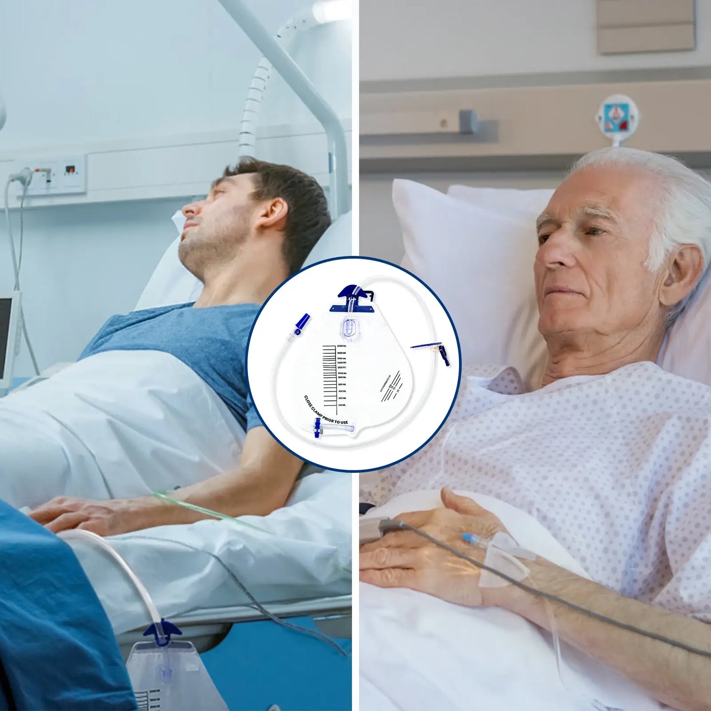 Urine drainage bag hanging at hospital bedside