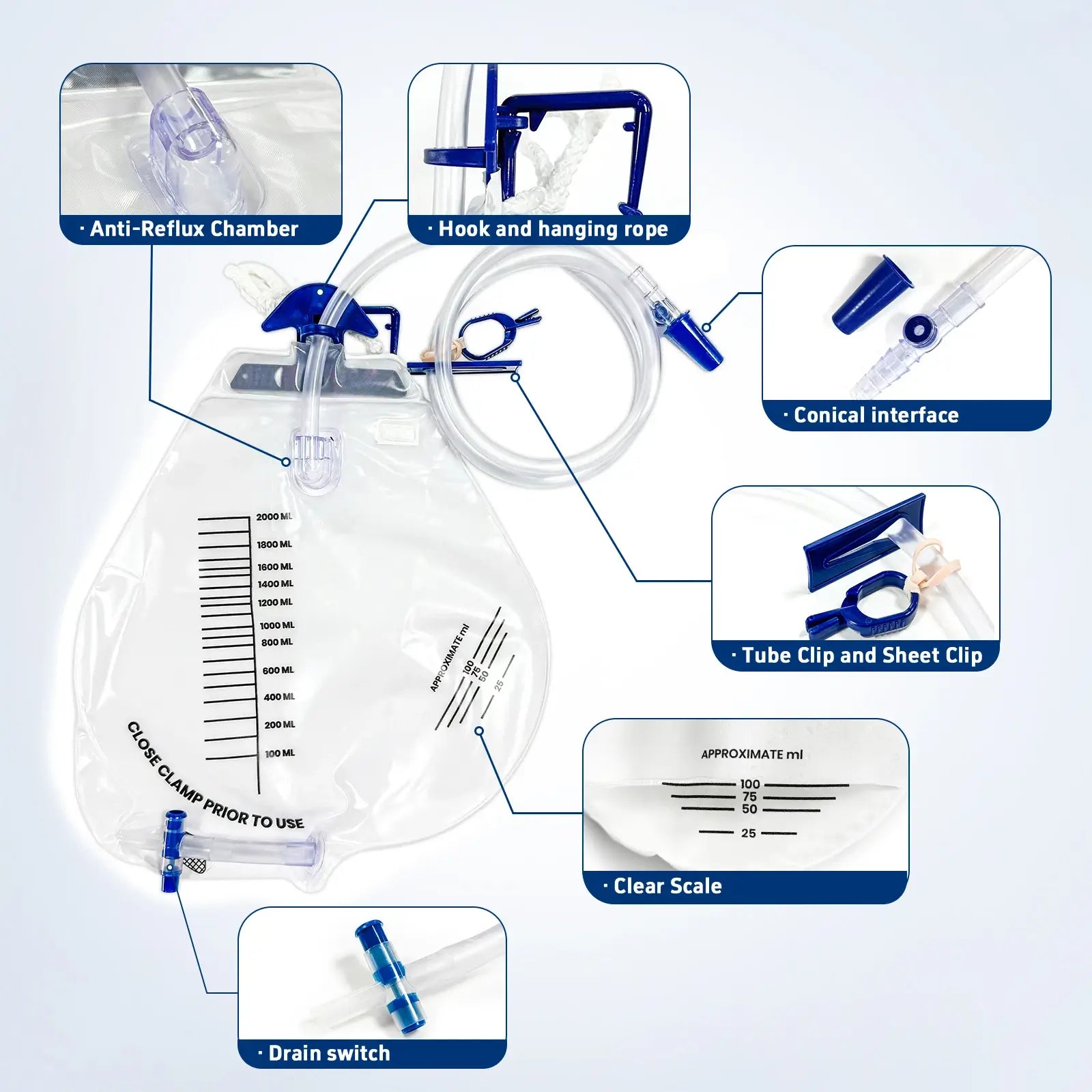 Diagram showing anti-reflux chamber, tube clip, hook, and drain valve