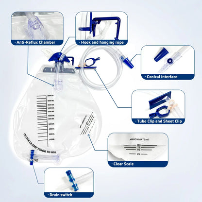 Diagram showing anti-reflux chamber, tube clip, hook, and drain valve